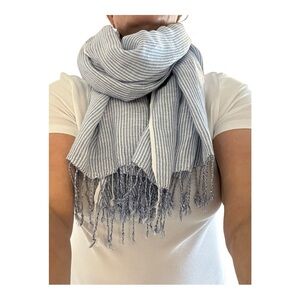 Blue & White Lightweight Scarf With Fringe